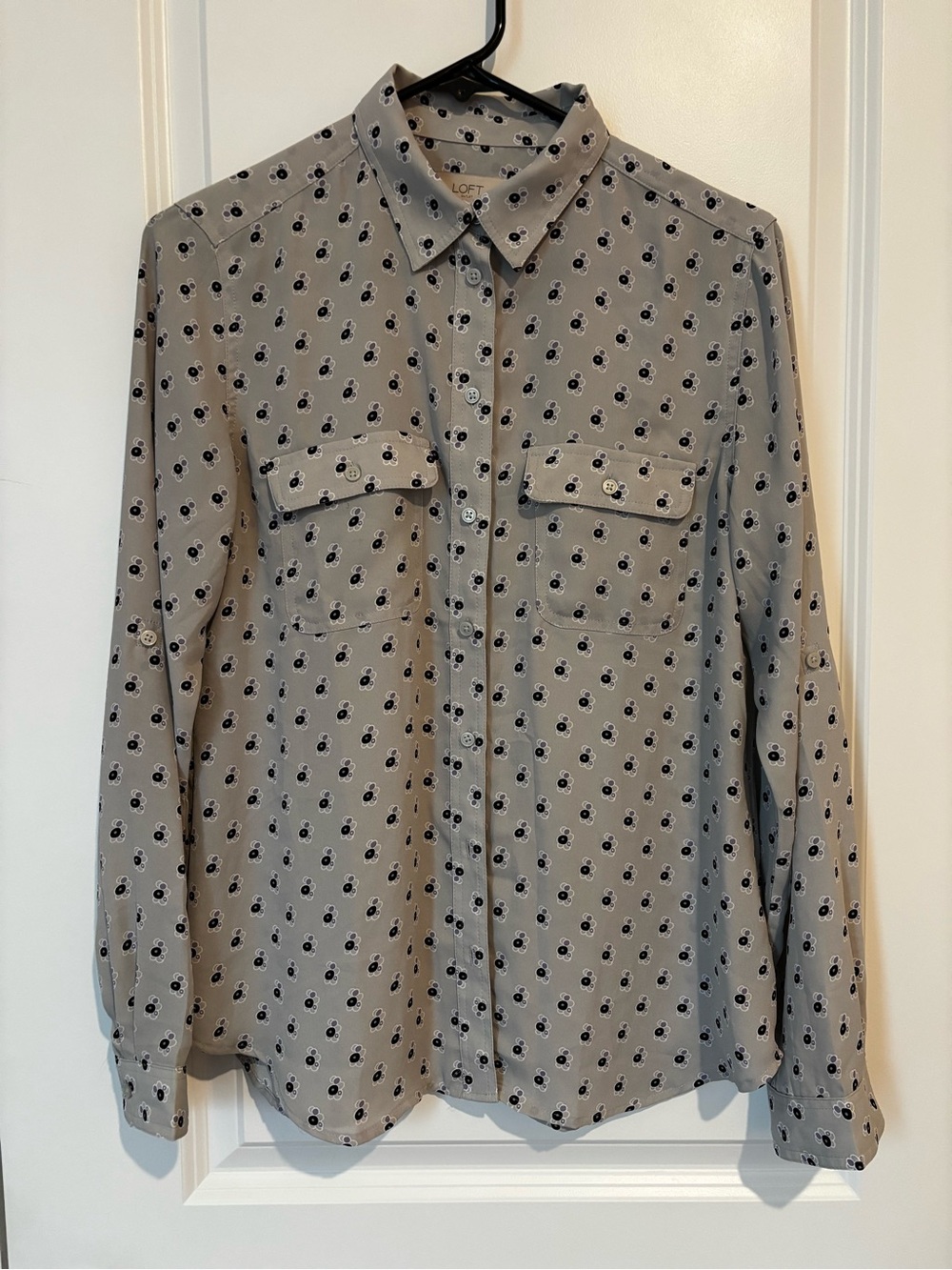 LOFT Soft Grey Button-Down Shirt with Small Lilac Floral Print